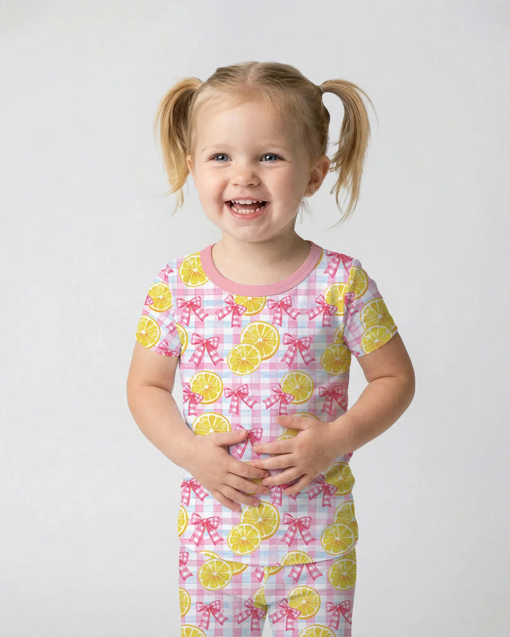 Pink Lemons Bows Checkered Bamboo Two Piece Short Sleeve Pajama Set