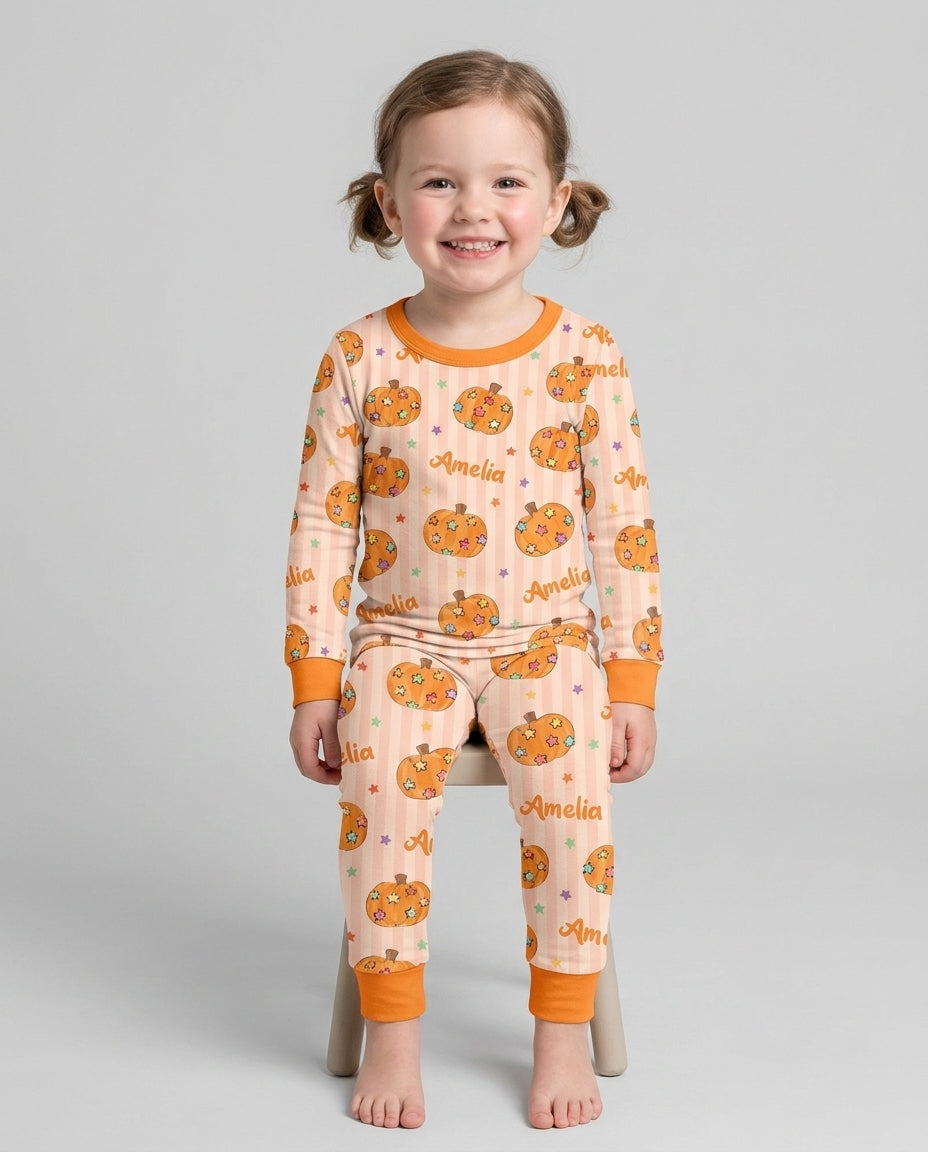 Colorful Star Pumpkin Custom Name Bamboo Two Piece Long Sleeve Pajama Set