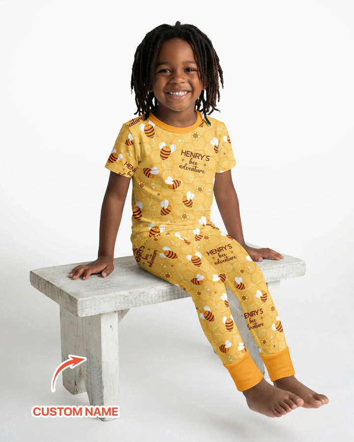 Custom Name Bee Back To School Bamboo Two Piece Short Sleeve Pajama Set