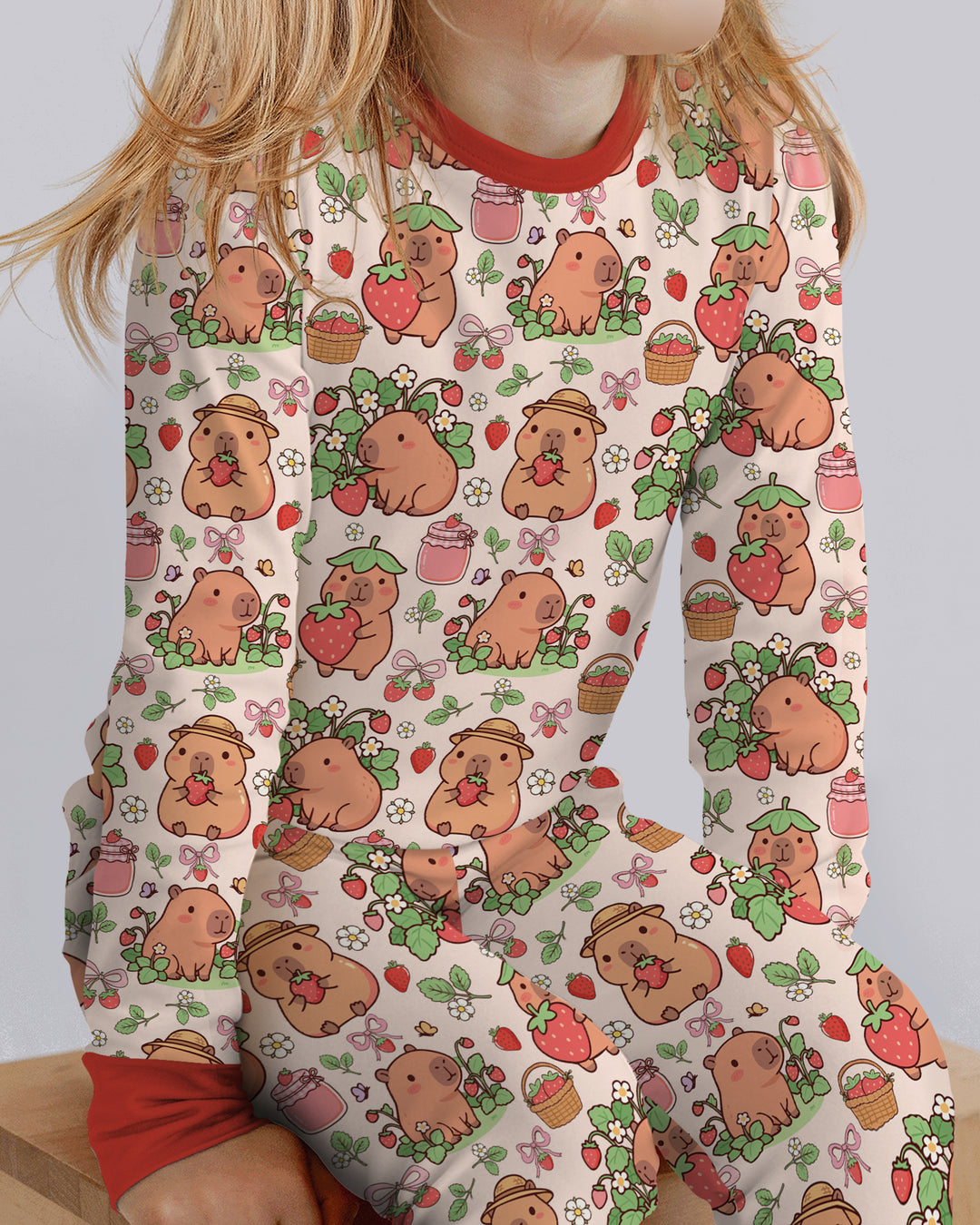 Capybara Strawberry Bamboo Two Piece Long Sleeve Pajama Set