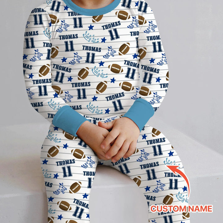 Custom Name Football Time Bamboo Two Piece Long Sleeve Pajama Set