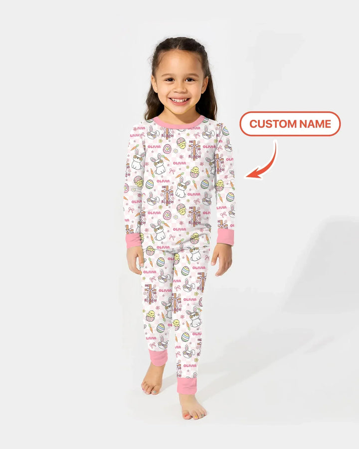 Custom Name Retro Easter Bamboo Two Piece Long Sleeve Pajama Set