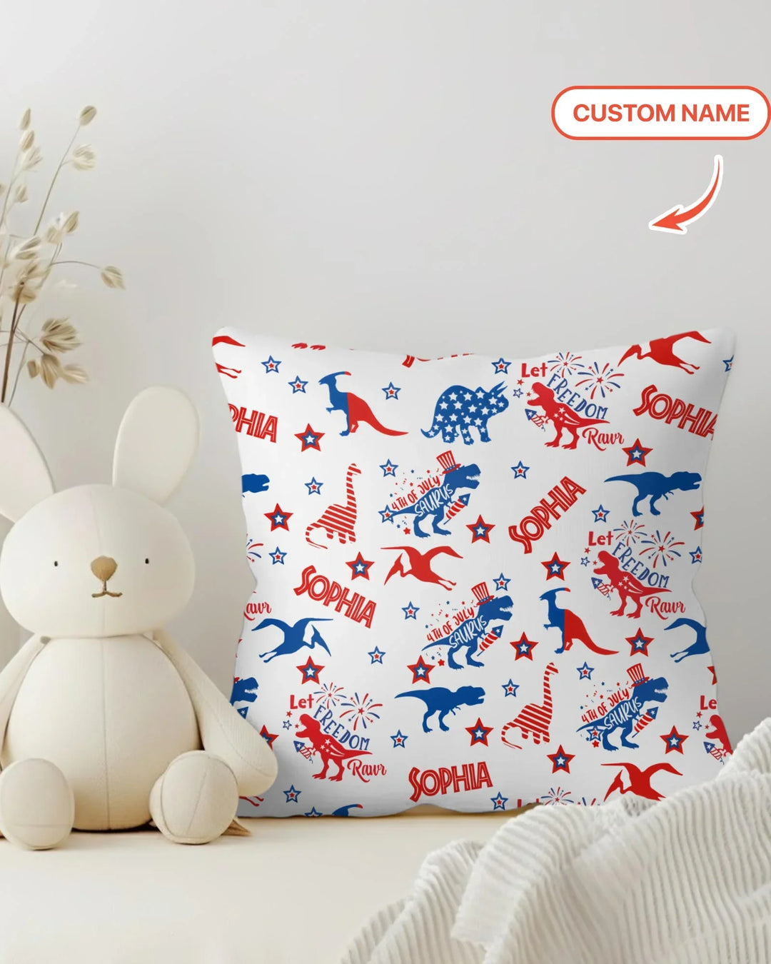 Custom Name Patriotic Dinosaur Bamboo Pillow Case