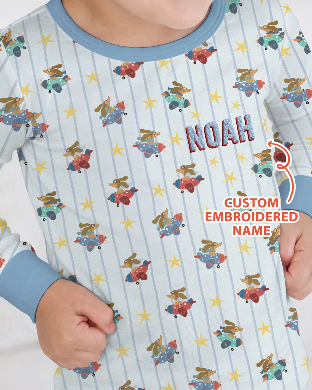 Custom Name Embroidered Dachshund Pilot Bamboo Two Piece Long Sleeve Pajama Set