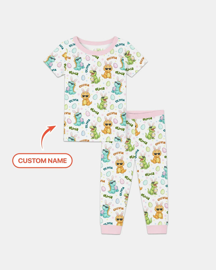 Custom Name Dinosaur on the Hunt Bamboo Two Piece Short Sleeve Pajama Set
