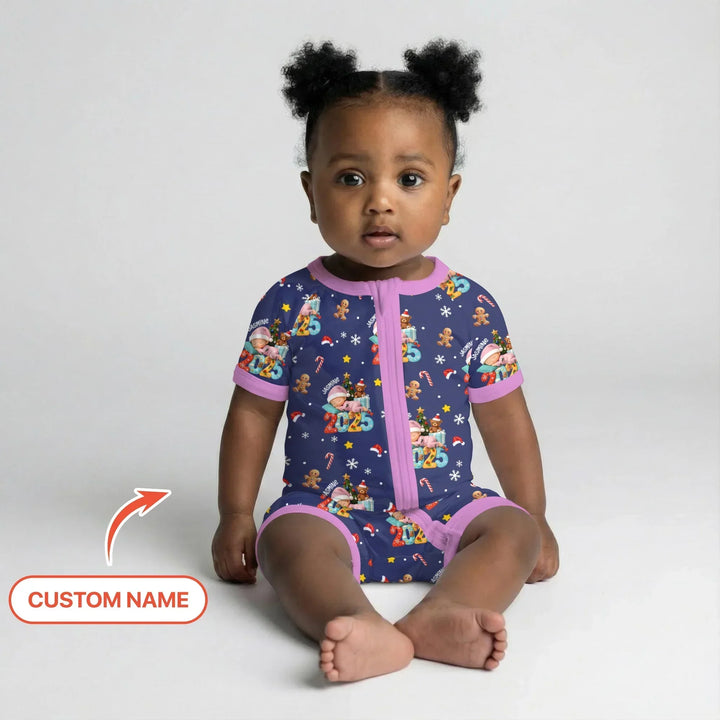 Custom Name Baby Girl's First Christmas Bamboo Shorty Zippy