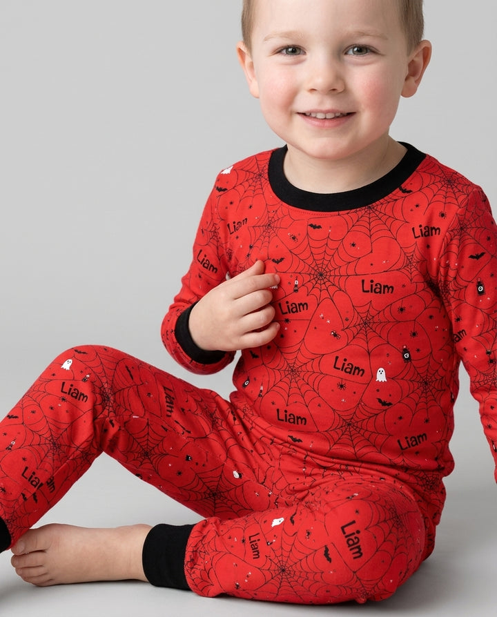Spooky Spider Web Halloween Custom Name Bamboo Two Piece Long Sleeve Pajama Set