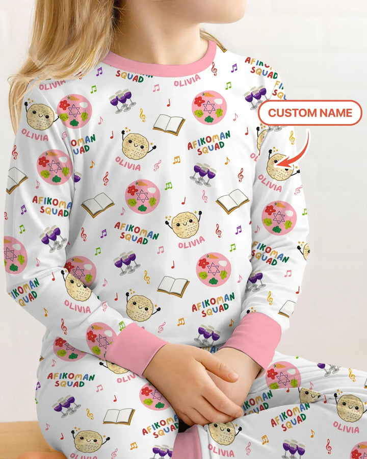 Custom Name Passover Afikoman Squad Bamboo Two Piece Long Sleeve Pajama Set