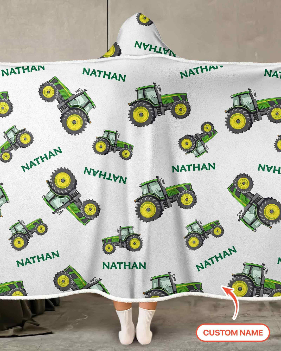 Custom Name Green Tractors Matching Daddy & Me Bamboo Wearable Hooded Blanket