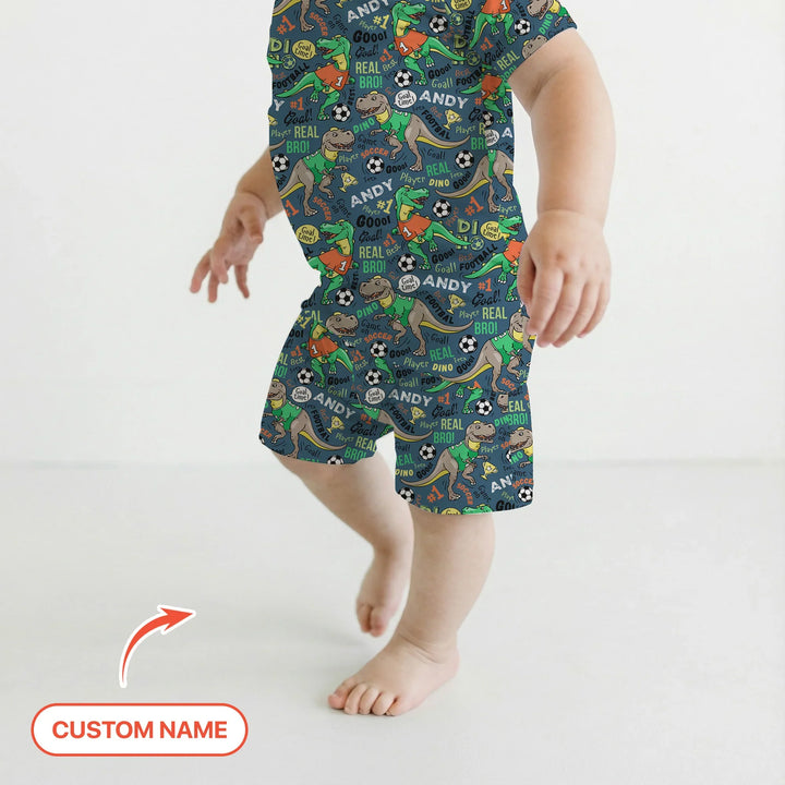 Custom Name Dino Soccer Bamboo Two Piece Short Sleeve Shorts Pajama Set