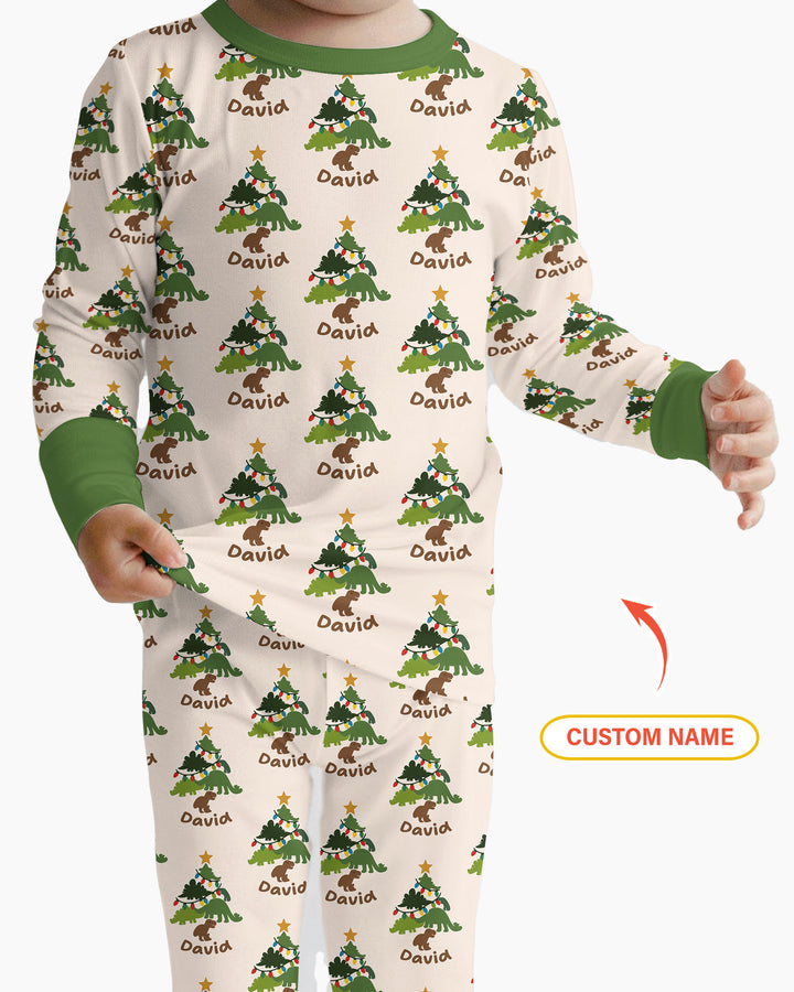 Dino Christmas Tree Bamboo Two Piece Long Sleeve Pajama Set