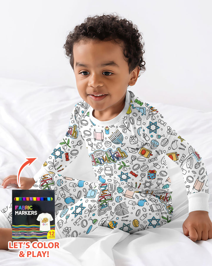 Happy Hanukkah Colorable Bamboo Two Piece Long Sleeve Pajama Set