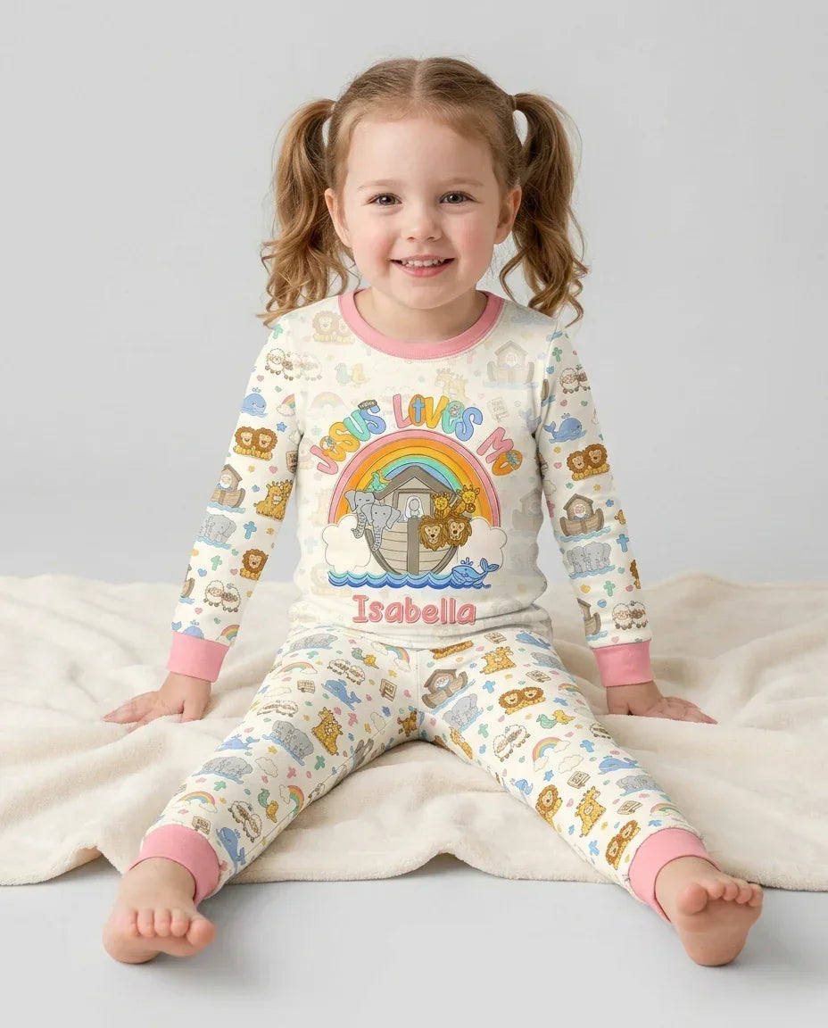 Custom Name Noah's Ark Jesus Loves Me Bamboo Two Piece Long Sleeve Pajama Set