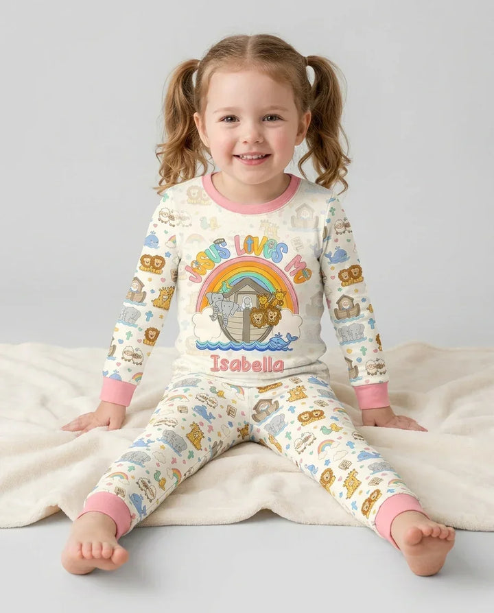 Custom Name Noah's Ark Jesus Loves Me Bamboo Two Piece Long Sleeve Pajama Set