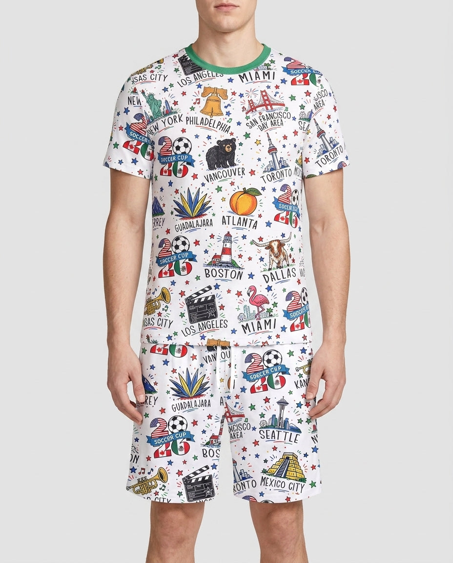 2026 Soccer Cup Host Citties Bamboo Men Short Sleeve Short Pajama Set