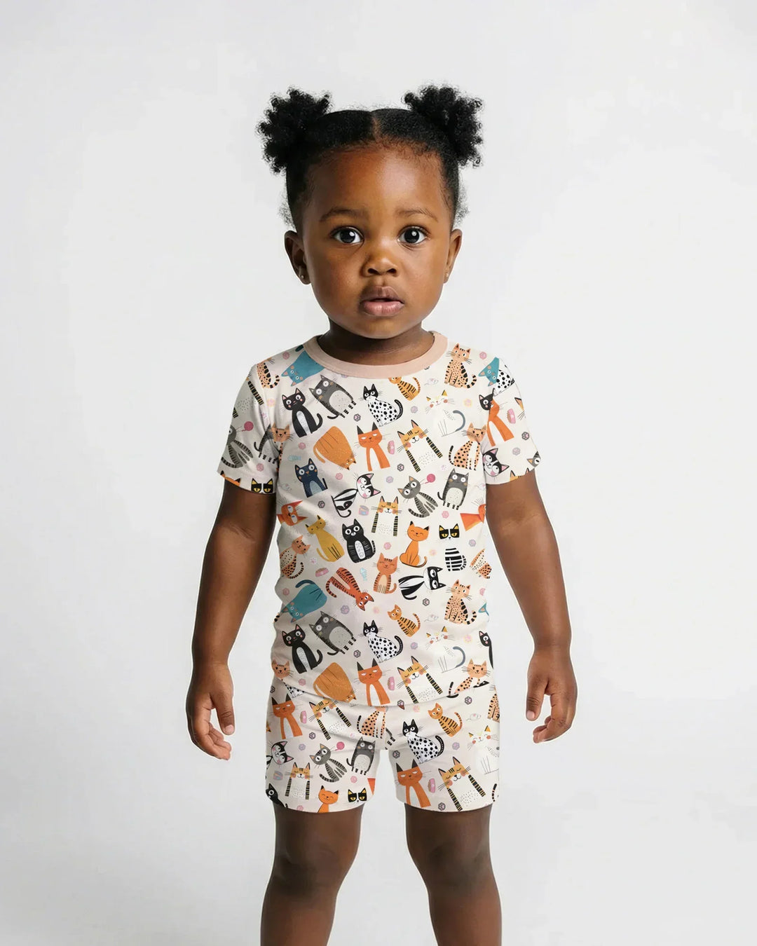 Goofy Mischief Cat Family Matching Bamboo Two Piece Short Sleeve Shorts Pajama Set