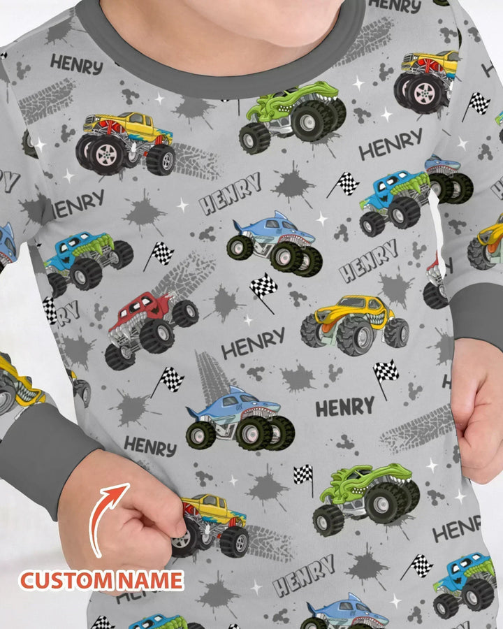 Monster Truck Dirt Jam Custom Name Daddy & Me Matching Bamboo Two Piece Long Sleeve Pajama Set