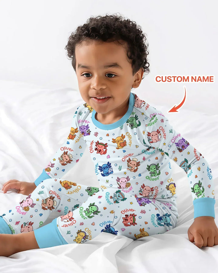Custom Name Cute Hobby Axolotl Bamboo Two Piece Long Sleeve Pajama Set