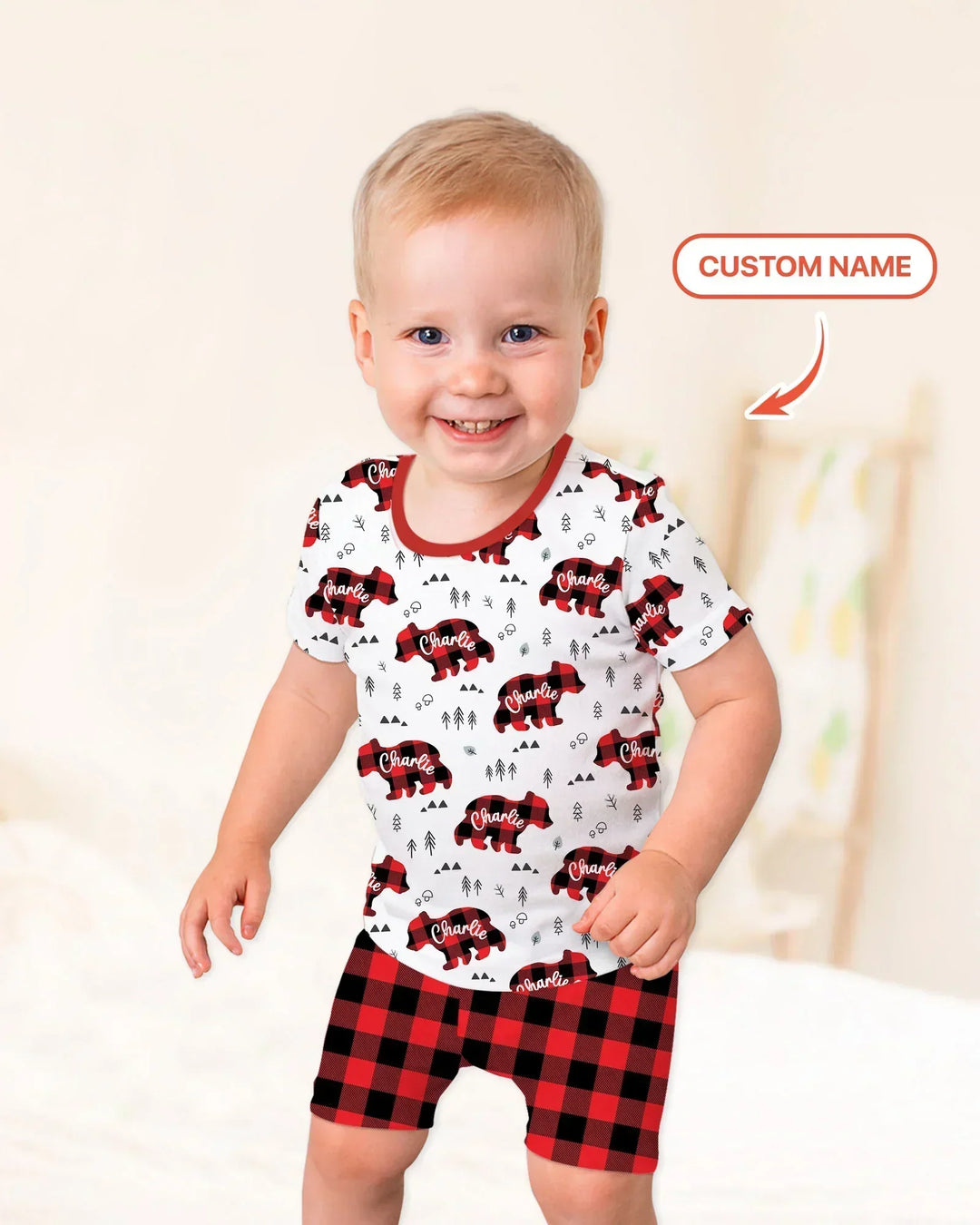 Custom Name Family Bear Matching Bamboo Two Piece Short Sleeve Shorts Pajama Set