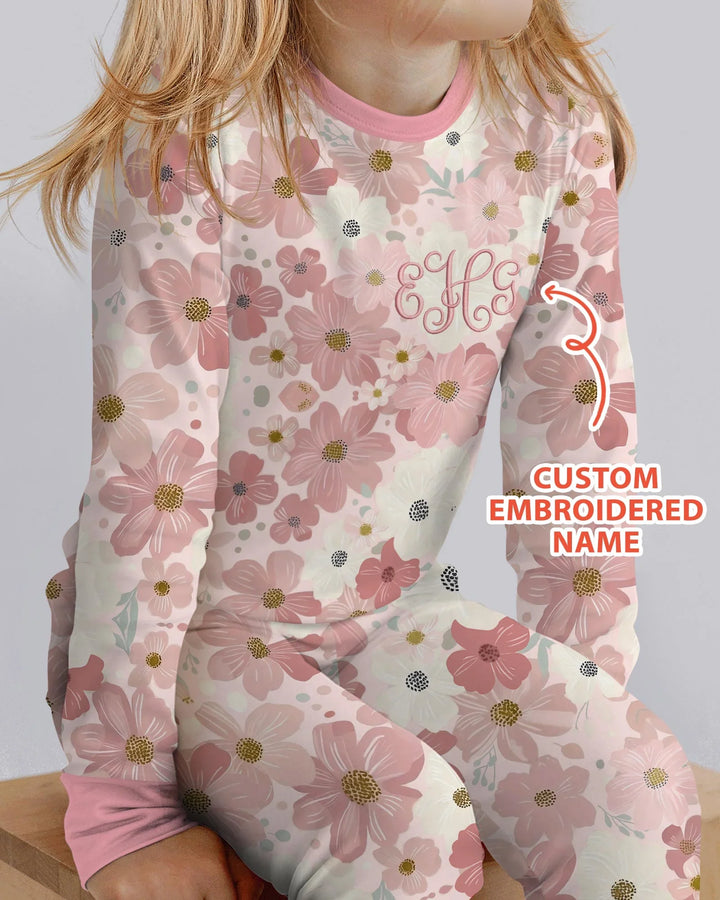 Custom Embroidered Name Floral Bamboo Two Piece Long Sleeve Pajama Set