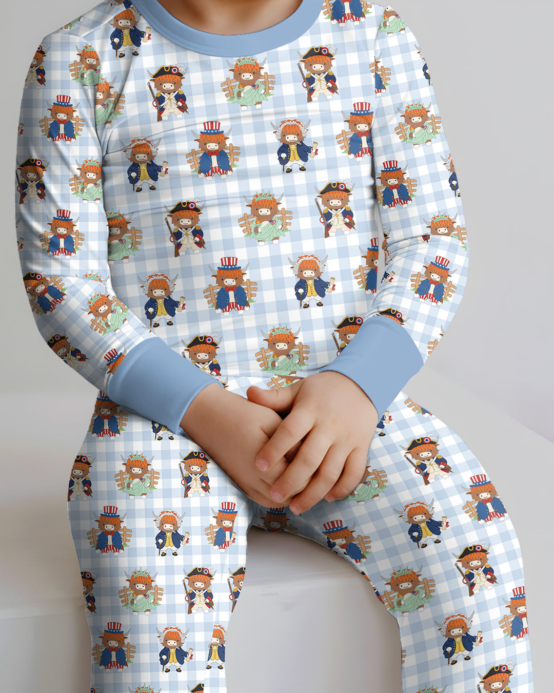 Patriotic 4th of July Highland Cow Bamboo Two Piece Long Sleeve Pajama Set