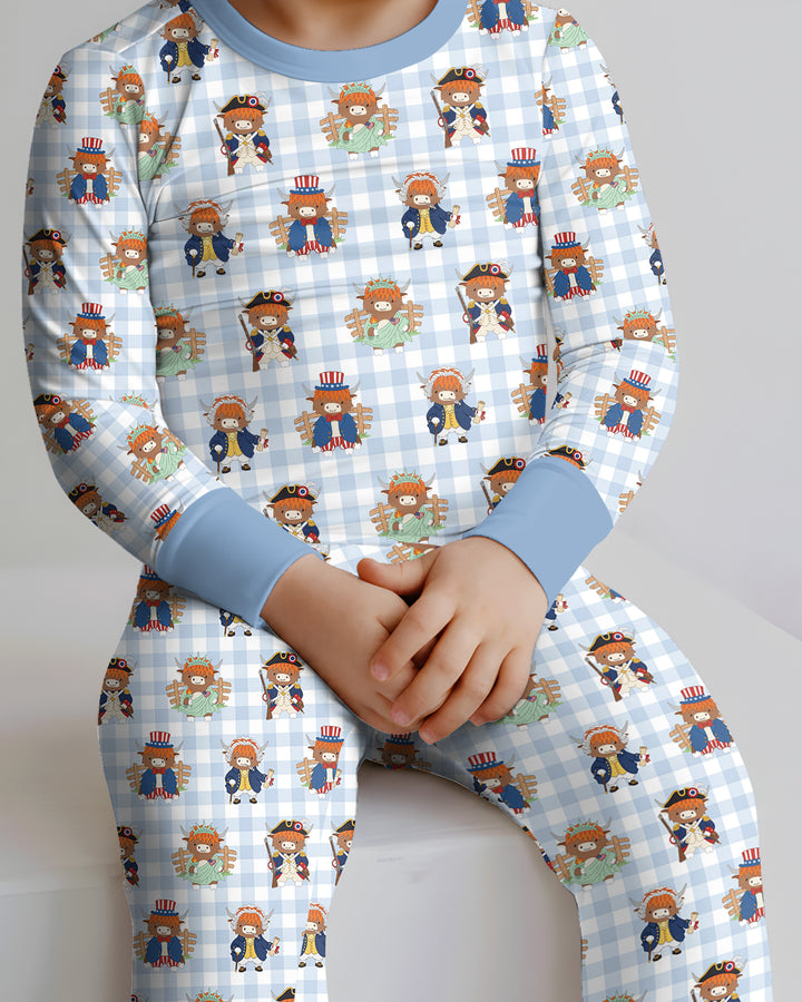 Patriotic 4th of July Highland Cow Bamboo Two Piece Long Sleeve Pajama Set