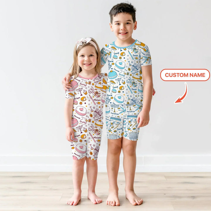 Happy Hanukkah Doodles Custom Name Family Matching Bamboo Two Piece Short Sleeve Shorts Pajama Set