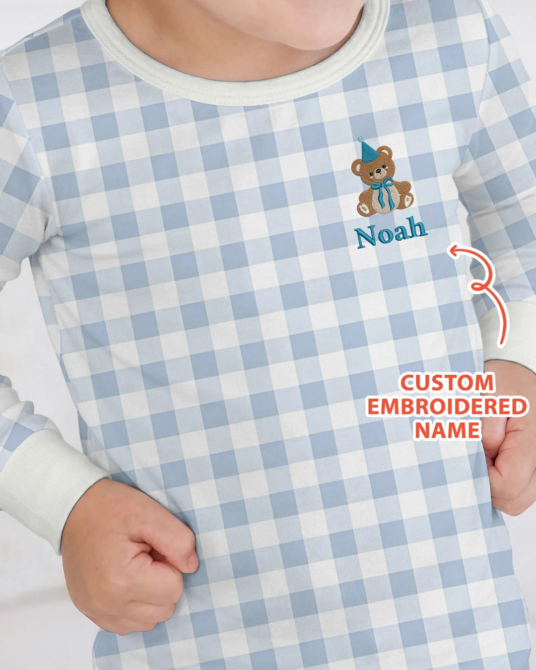 Custom Embroidered Name Birthday Teddy Bamboo Two Piece Long Sleeve Pajama Set