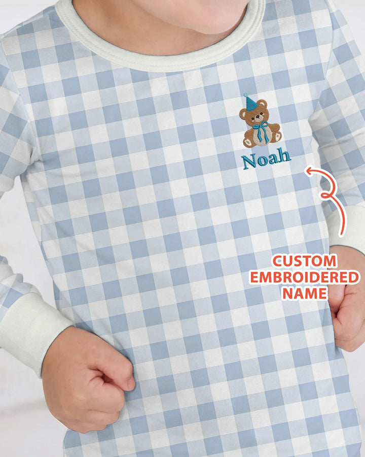 Custom Embroidered Name Birthday Teddy Bamboo Two Piece Long Sleeve Pajama Set