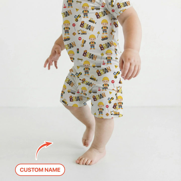 Custom Name Doodle Little Builder Bamboo Two Piece Short Sleeve Shorts Pajama Set