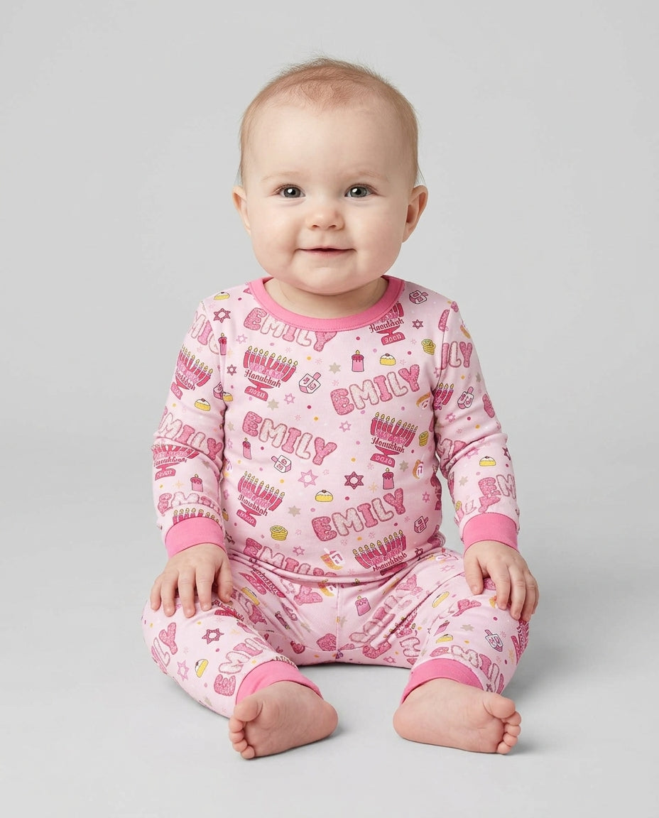 Custom name Happy Hanukkah 2026 Bamboo Two Piece Long Sleeve Pajama Set