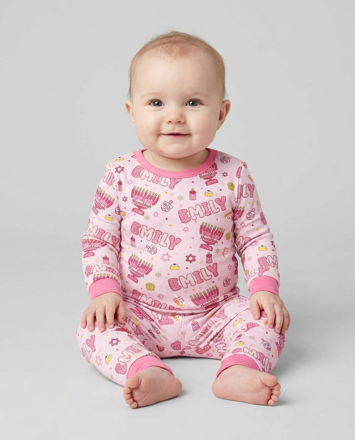 Custom name Happy Hanukkah 2026 Bamboo Two Piece Long Sleeve Pajama Set