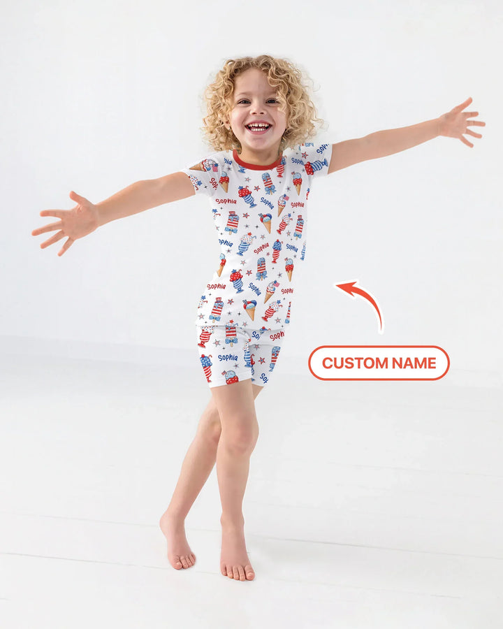 Custom Name Red, White & Ice Cream Bamboo Two Piece Short Sleeve Shorts Pajama Set