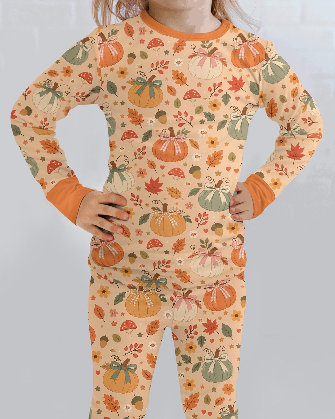 Pastel Pumpkin Bow Fall Bamboo Two Piece Long Sleeve Pajama Set