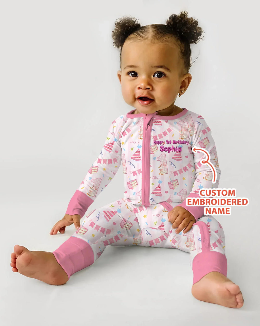 1st Birthday Girl Embroidered Baby Bamboo Convertible Zippy