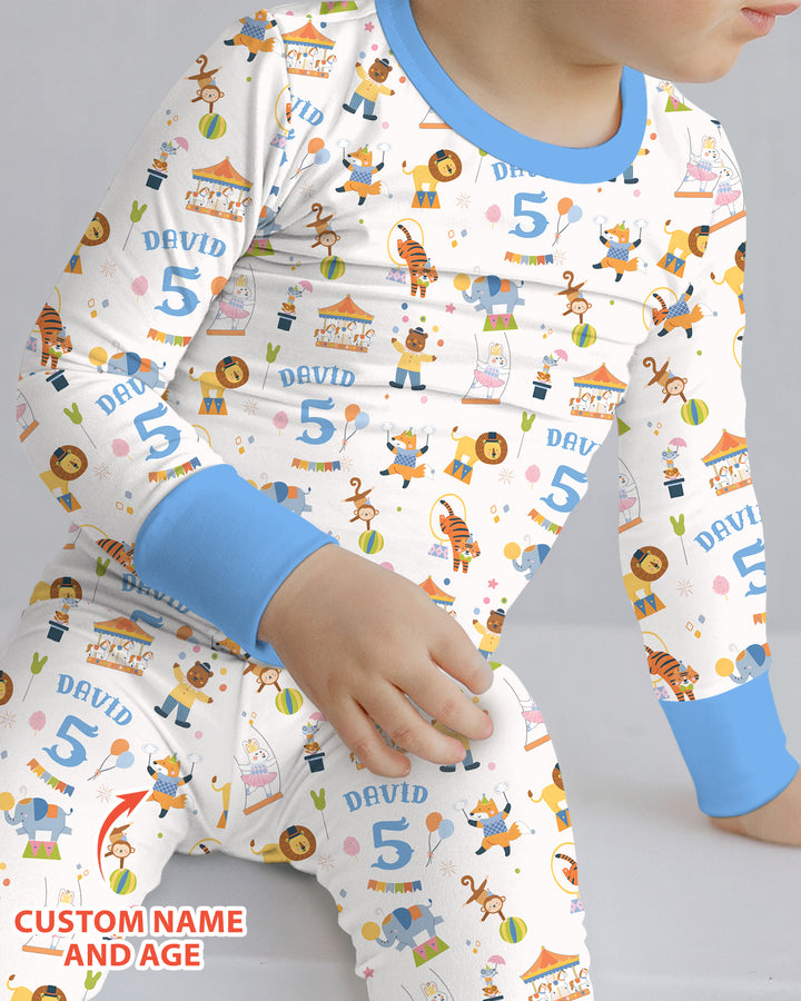 Custom Name Birthday Circus Bamboo Two Piece Long Sleeve Pajama Set