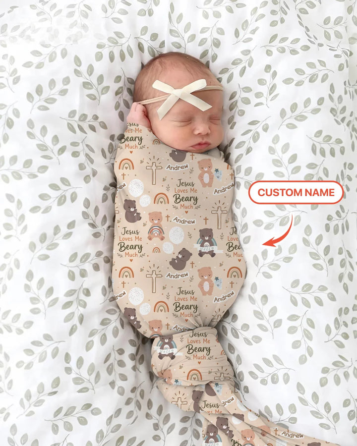 Custom Name Jesus Loves Me Beary Much Swaddle Blanket