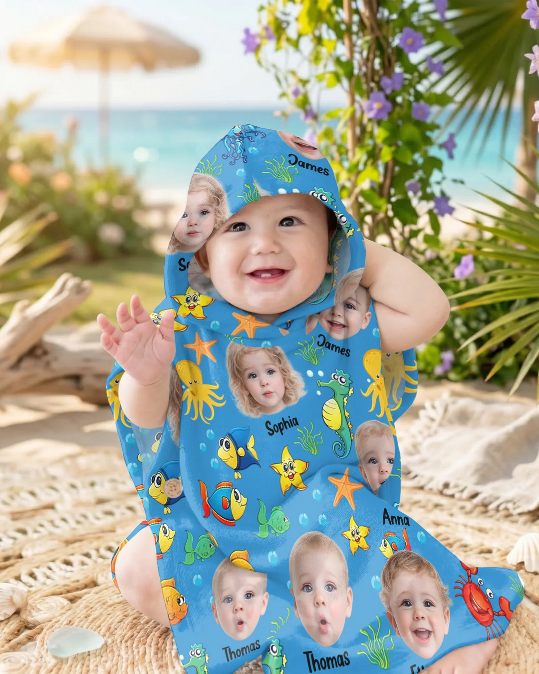 Custom Photo Cute Kid Face Watercolor Sea Creatures Summery Bamboo Swim Poncho