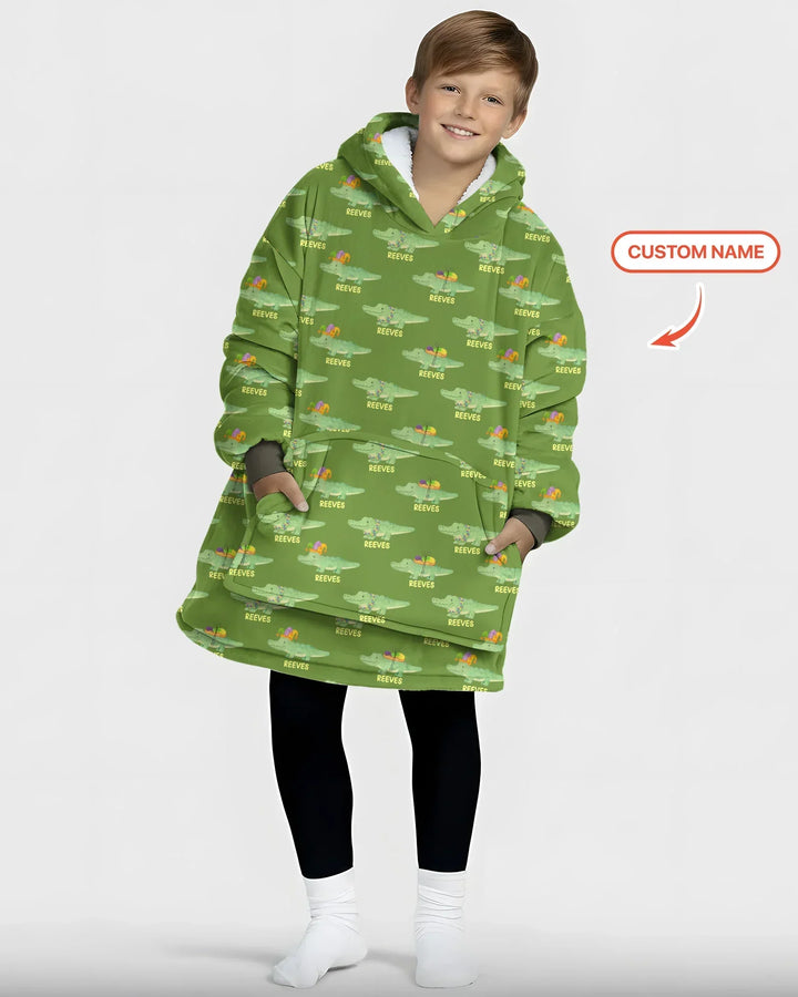 Custom Name Mardi Gras Gator Bamboo Blanket Hoodie