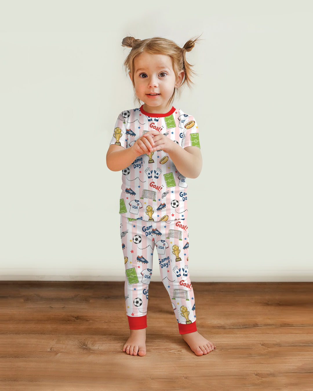 Striped Soccer Game Day Family Matching Bamboo Two Piece Short Sleeve Pajama Set