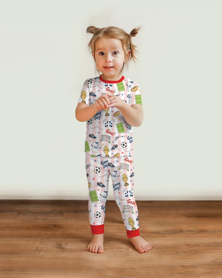 Striped Soccer Game Day Family Matching Bamboo Two Piece Short Sleeve Pajama Set