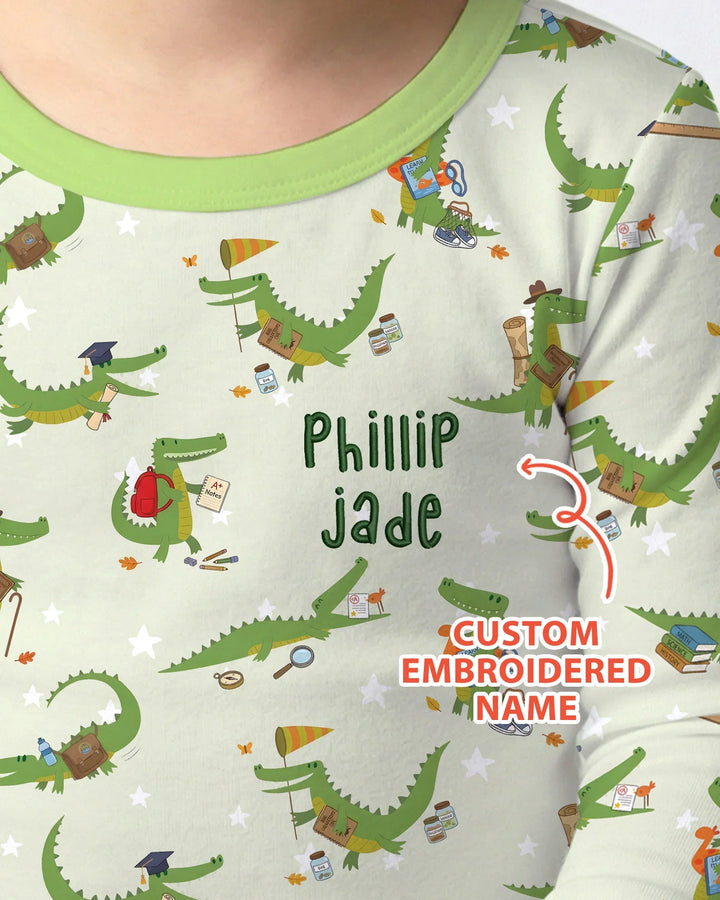 Custom Name Embroidered Alligator Bamboo Two Piece Long Sleeve Pajama Set