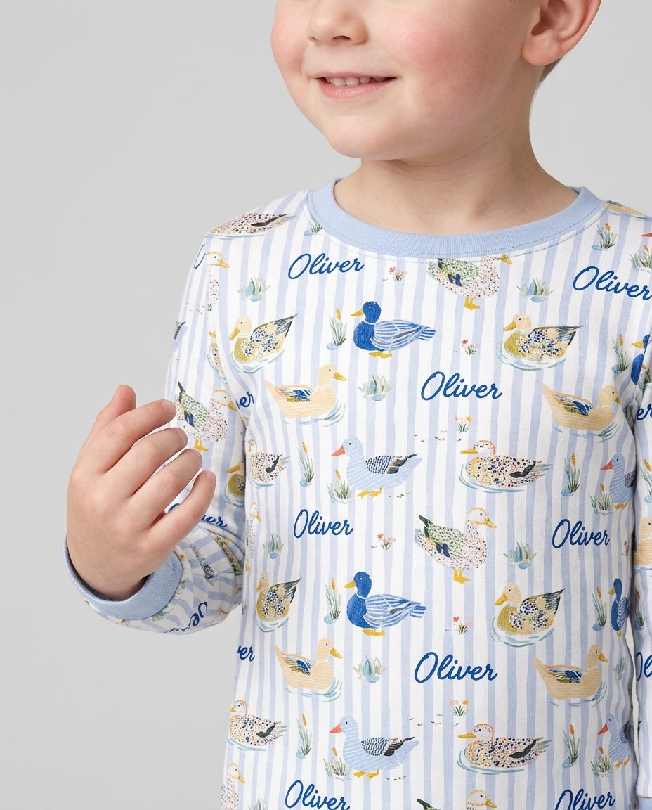 Whimsical Duck Custom Name Bamboo Two Piece Long Sleeve Pajama Set
