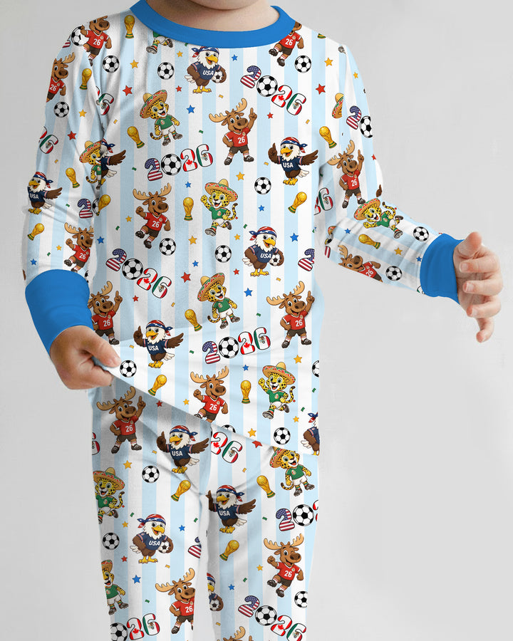 Striped Cute Mascots Soccer Cup 2026 Bamboo Two Piece Long Sleeve Pajama Set