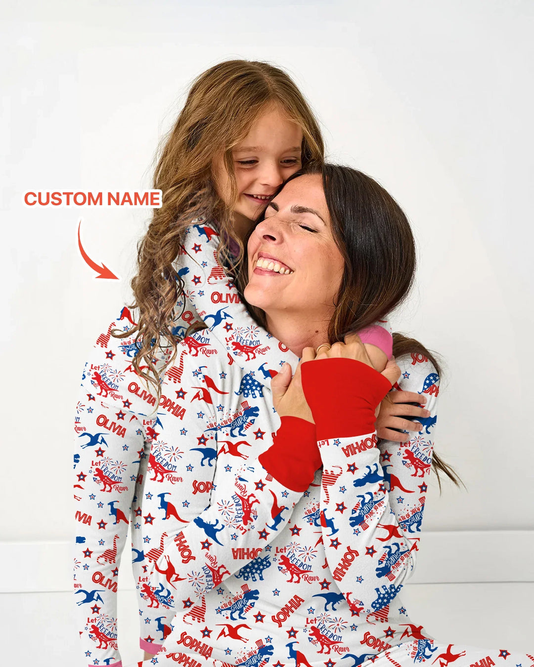 Custom Name Patriotic Dinosaur Bamboo Two Piece Long Sleeve Pajama Set