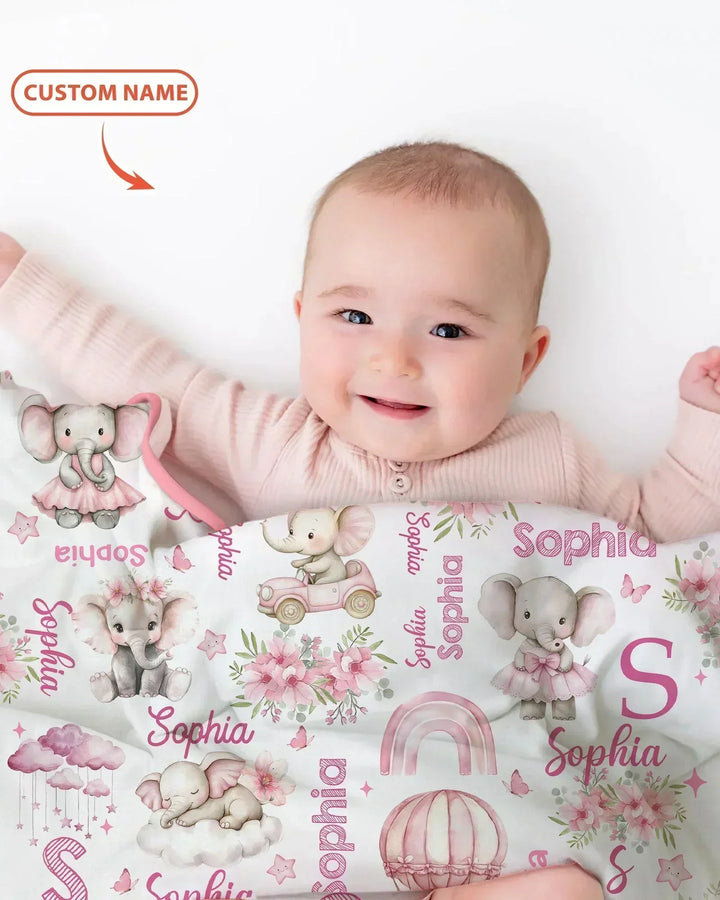 Elephant Love Custom Name Bamboo Blanket