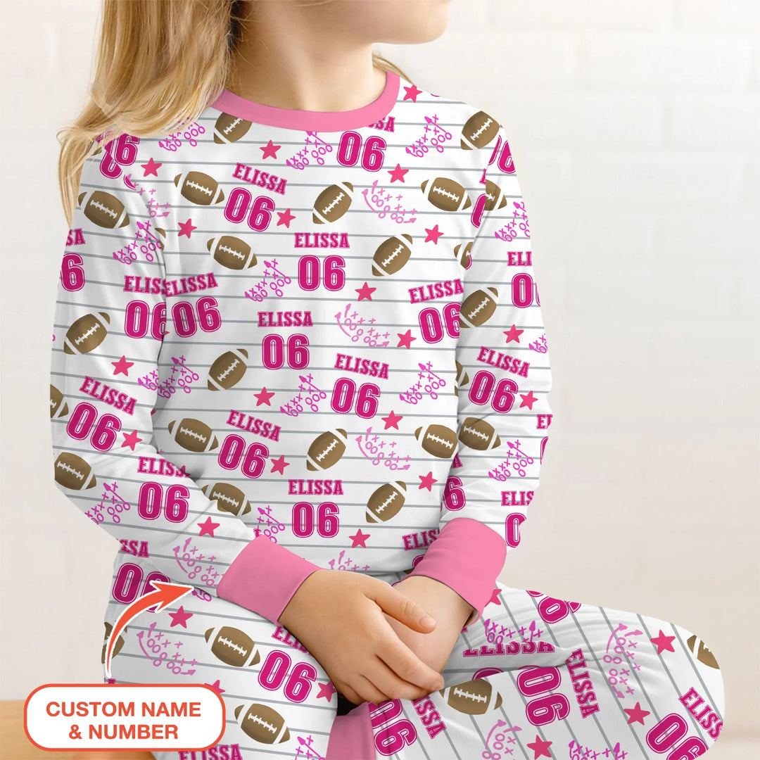 Custom Name Football Time Pink Bamboo Two Piece Long Sleeve Pajama Set