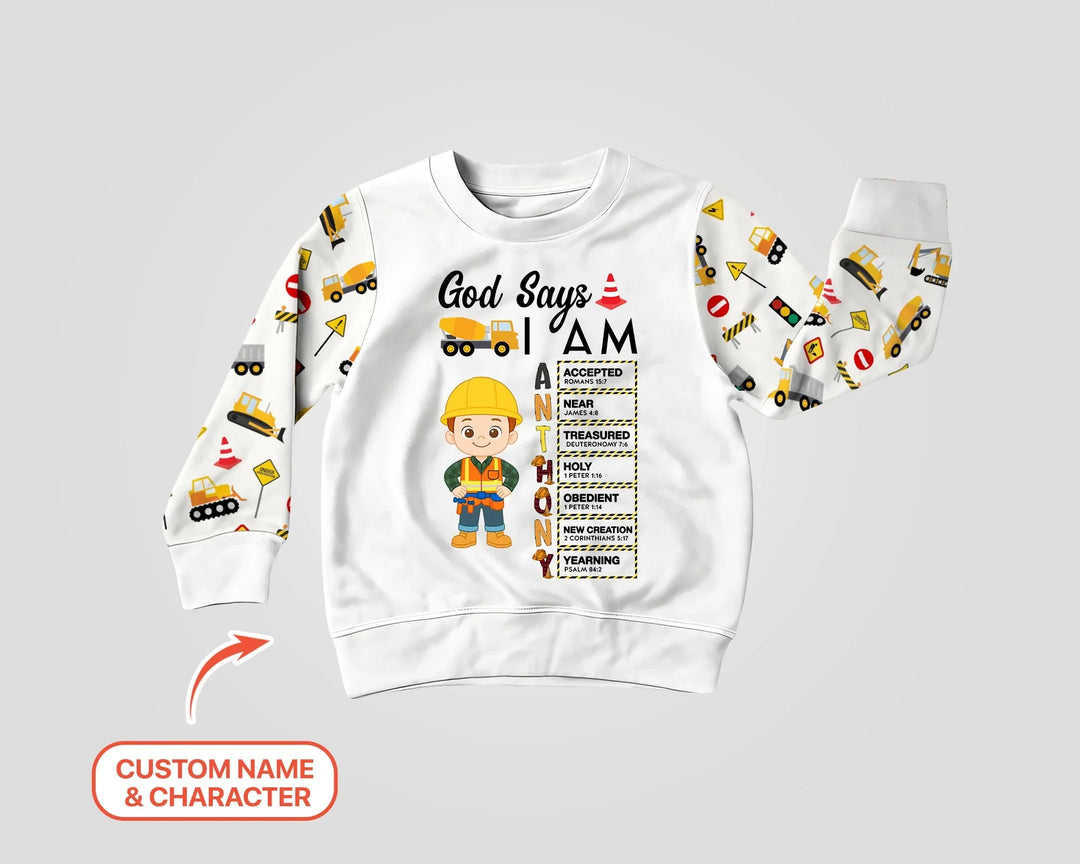 Custom Name God Says I Am Little Builder Letter in Bible Bamboo Crewneck Sweatshirt