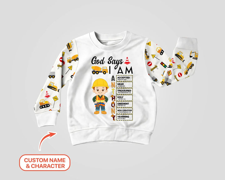 Custom Name God Says I Am Little Builder Letter in Bible Bamboo Crewneck Sweatshirt