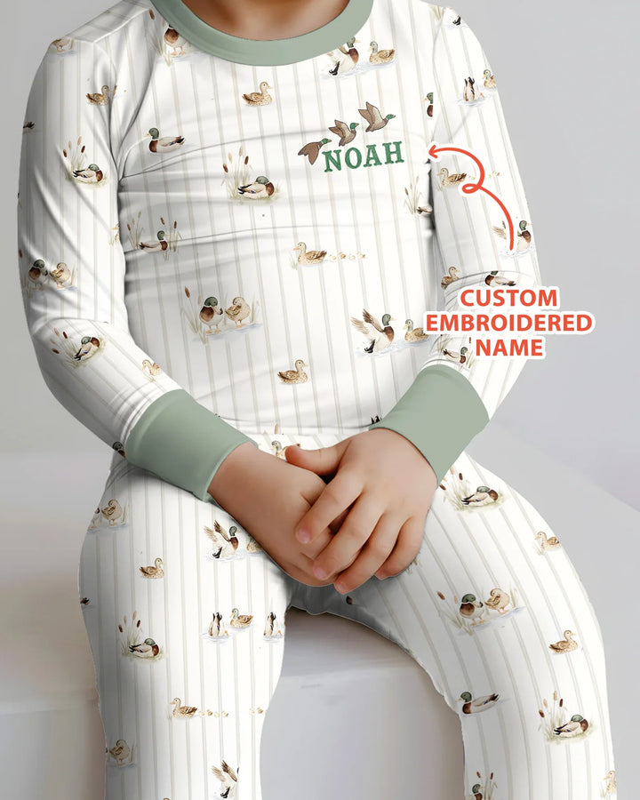Custom Embroidered Name Mallard Duck  Bamboo Two Piece Long Sleeve Pajama Set
